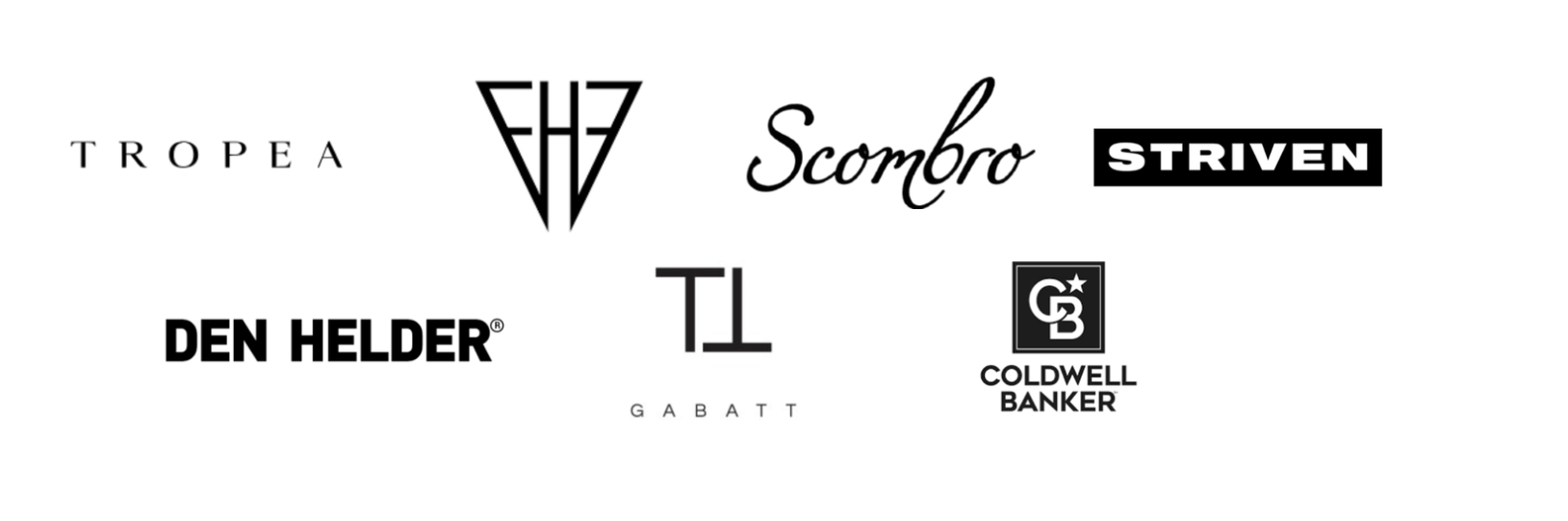 Logos de clientes: Tropea, FH7, Scombro, Striven, Den Helder, TI Gabatt, Coldwell Banker